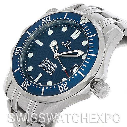 The watch is shown at a 3/4 angle, displaying the face, bezel, crown, and part of the bracelet of the Omega Seamaster 2562.80.00 Men's Stainless Steel Blue Dial 2562.80.00 Men's Stainless Steel Blue Dial model.
