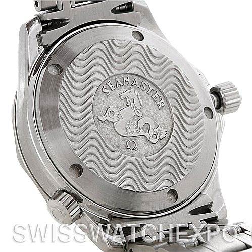 The image shows the case back of an Omega Seamaster 2562.80.00 Men's Stainless Steel Blue Dial 2562.80.00 Men's Stainless Steel Blue Dial watch, featuring the engraved Seamaster logo and the crown side of the watch.