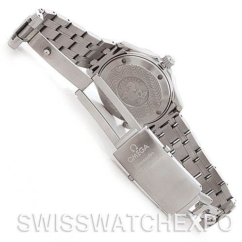 This image shows the back and clasp of an Omega Seamaster 2562.80.00 Men's Stainless Steel Blue Dial 2562.80.00 Men's Stainless Steel Blue Dial watch, highlighting the stainless steel bracelet and engraved case back.