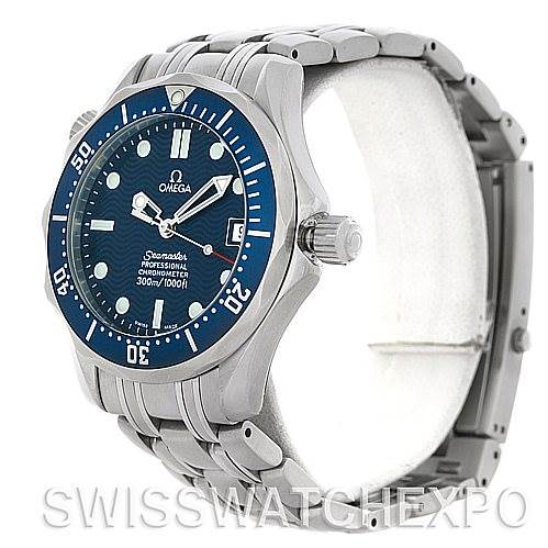 The image shows an Omega Seamaster 2562.80.00 Men's Stainless Steel Blue Dial 2562.80.00 Men's Stainless Steel Blue Dial watch at a three-quarter angle, highlighting the face, bezel, crown, and bracelet.