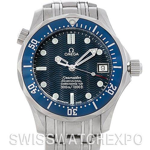 This image shows a front view of the Omega Seamaster 2562.80.00 Men's Stainless Steel Blue Dial 2562.80.00 Men's Stainless Steel Blue Dial watch, highlighting the blue dial, bezel, and stainless steel bracelet.
