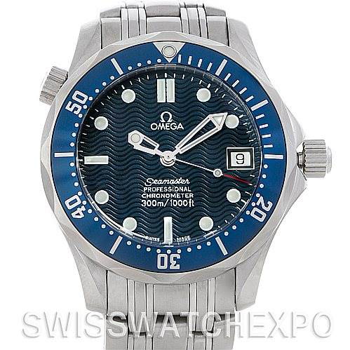 This image shows a front view of the Omega Seamaster watch, highlighting the blue dial, bezel, and stainless steel bracelet.