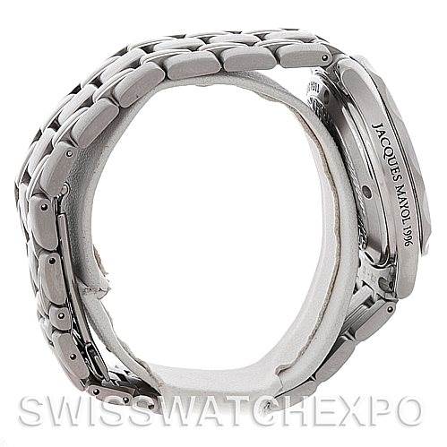 The image shows a side view of the Omega Seamaster 2553.41.00 Men's Stainless Steel Green Dial 2553.41.00 Men's Stainless Steel Green Dial watch, highlighting the metal bracelet and the engraved side of the case.