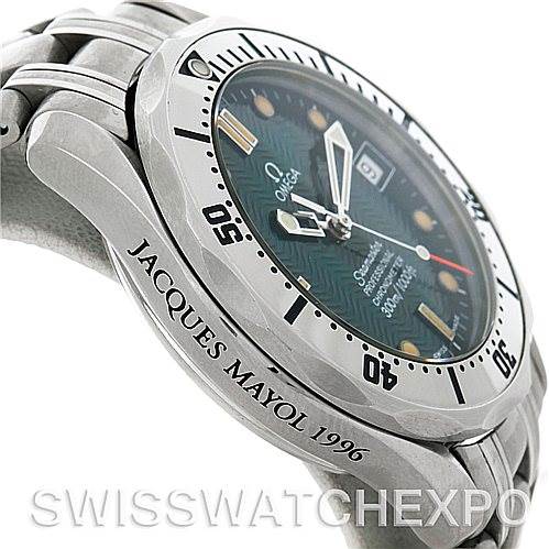 The image shows a side angle of an Omega Seamaster 2553.41.00 Men's Stainless Steel Green Dial 2553.41.00 Men's Stainless Steel Green Dial watch, focusing on the bezel, crown, and part of the bracelet.