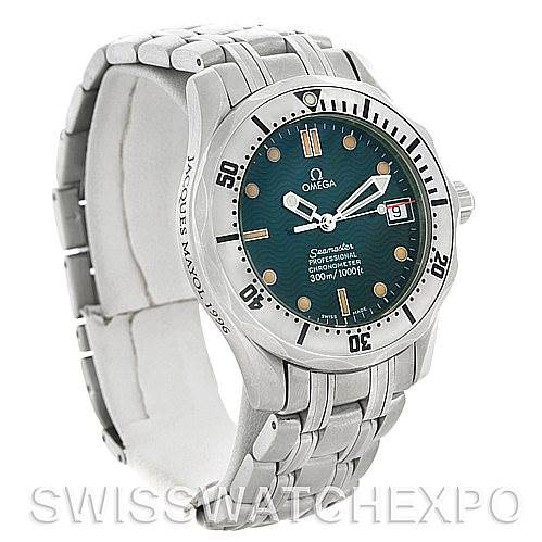 The image shows an Omega Seamaster 2553.41.00 Men's Stainless Steel Green Dial 2553.41.00 Men's Stainless Steel Green Dial watch at a three-quarter angle, highlighting the face, bezel, bracelet, and clasp.