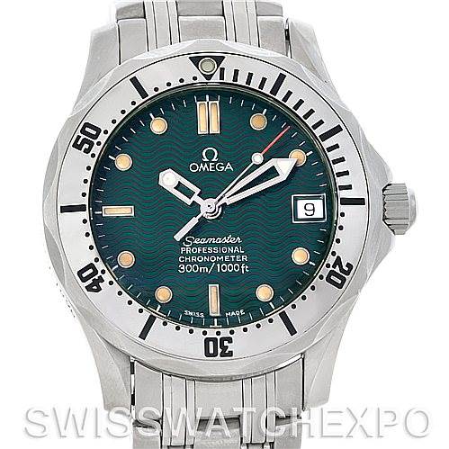 The image shows a front view of an Omega Seamaster 2553.41.00 Men's Stainless Steel Green Dial 2553.41.00 Men's Stainless Steel Green Dial watch, displaying its round face, bezel, and bracelet.