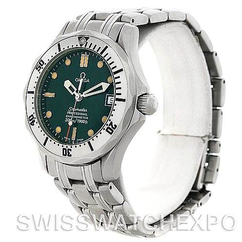 The image shows a side-angle view of an Omega Seamaster 2553.41.00 Men's Stainless Steel Green Dial 2553.41.00 Men's Stainless Steel Green Dial watch, showcasing the front dial, bezel, and the metal bracelet.