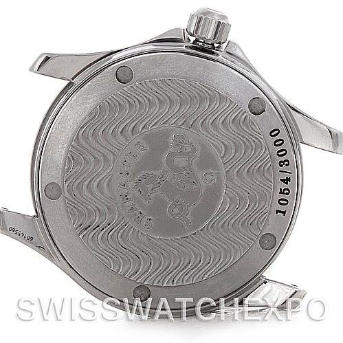 The image shows the back case of an Omega Seamaster 2553.41.00 Men's Stainless Steel Green Dial 2553.41.00 Men's Stainless Steel Green Dial watch, highlighting its engraving and serial number.