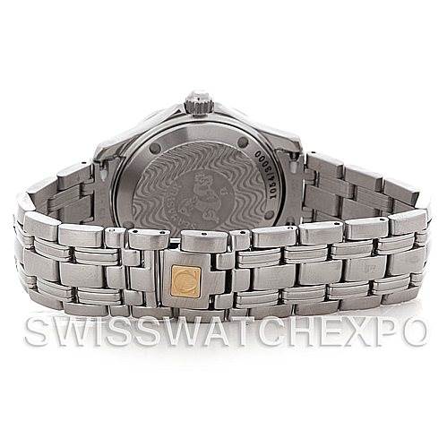 The image shows the back view of an Omega Seamaster 2553.41.00 Men's Stainless Steel Green Dial 2553.41.00 Men's Stainless Steel Green Dial watch, highlighting the stainless steel bracelet and case back.