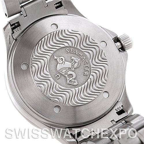 The image shows the back case of an Omega Seamaster 2538.20.00 Men
s Stainless Steel White Dial 2538.20.00 Men
s Stainless Steel White Dial watch, highlighting its engraved design and part of the metal bracelet.