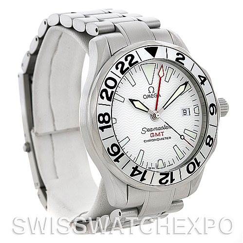 This Omega Seamaster 2538.20.00 Men
s Stainless Steel White Dial 2538.20.00 Men
s Stainless Steel White Dial model is shown at a three-quarter angle, highlighting the watch face, bezel, crown, and bracelet.