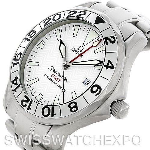 The image shows an angled view of the Omega Seamaster 2538.20.00 Men
s Stainless Steel White Dial 2538.20.00 Men
s Stainless Steel White Dial GMT watch, highlighting the face, bezel, and part of the bracelet.