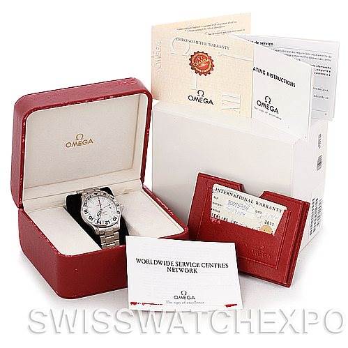 This image shows an Omega Seamaster 2538.20.00 Men
s Stainless Steel White Dial 2538.20.00 Men
s Stainless Steel White Dial watch in its box, along with warranty cards, booklets, and Omega branded documents.