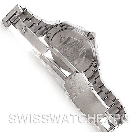 The image shows the underside of an Omega Seamaster 2538.20.00 Men
s Stainless Steel White Dial 2538.20.00 Men
s Stainless Steel White Dial watch, highlighting its clasp and case back with detailed engravings.