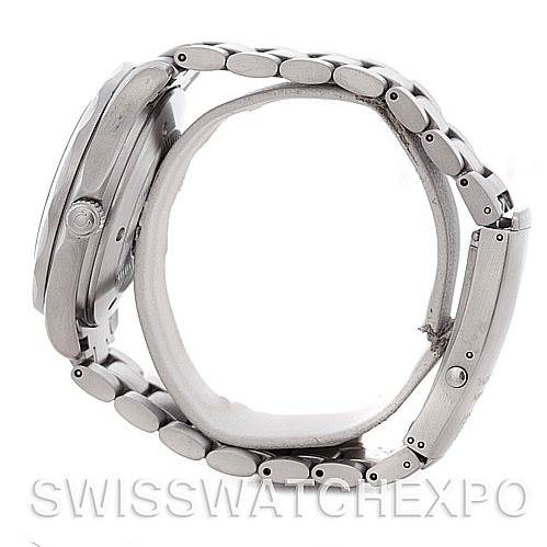 The image shows a side view of the Omega Seamaster 2538.20.00 Men
s Stainless Steel White Dial 2538.20.00 Men
s Stainless Steel White Dial watch, highlighting the case, crown, and bracelet.