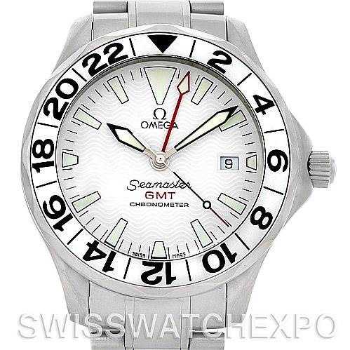 The image shows a front view of the Omega Seamaster 2538.20.00 Men
s Stainless Steel White Dial 2538.20.00 Men
s Stainless Steel White Dial GMT watch, displaying its face, hands, and stainless steel bracelet.