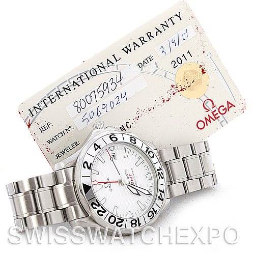 The image shows an Omega Seamaster 2538.20.00 Men
s Stainless Steel White Dial 2538.20.00 Men
s Stainless Steel White Dial watch at an angle displaying its face and bracelet, alongside an international warranty card.