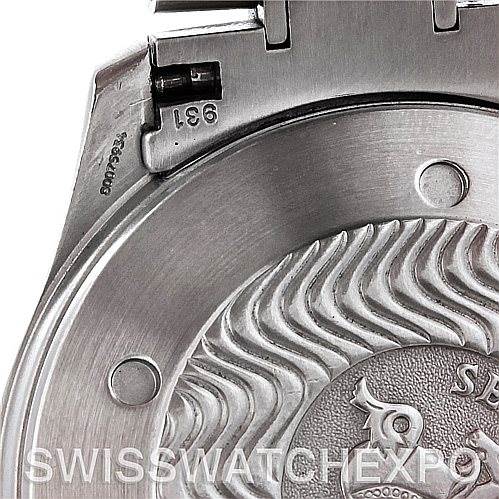 The image shows a close-up of the clasp and case back of an Omega Seamaster 2538.20.00 Men
s Stainless Steel White Dial 2538.20.00 Men
s Stainless Steel White Dial watch, featuring the iconic emblem and some engraved details.