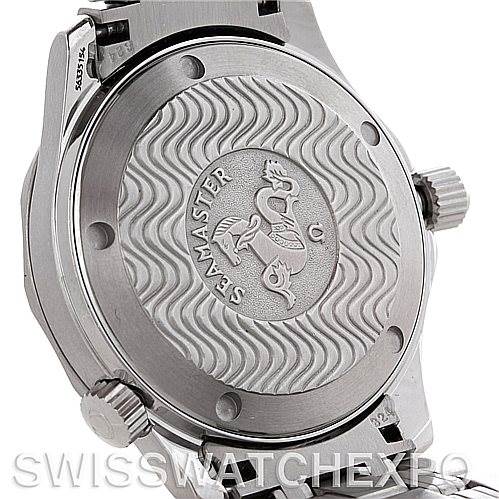 The image shows the back case and crown of an Omega Seamaster 2223.80.00 Men's Stainless Steel Blue Dial 2223.80.00 Men's Stainless Steel Blue Dial watch from a side angle.