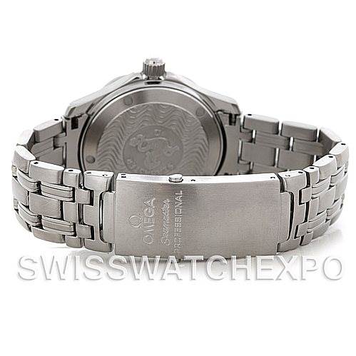 This image shows the back view of an Omega Seamaster 2223.80.00 Men's Stainless Steel Blue Dial 2223.80.00 Men's Stainless Steel Blue Dial watch, highlighting the case back and bracelet clasp.