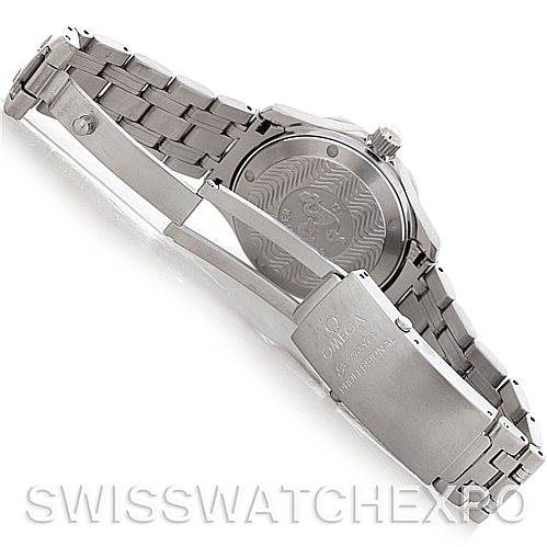 The image shows the back and clasp of an Omega Seamaster 2223.80.00 Men's Stainless Steel Blue Dial 2223.80.00 Men's Stainless Steel Blue Dial watch, highlighting the bracelet and case back.