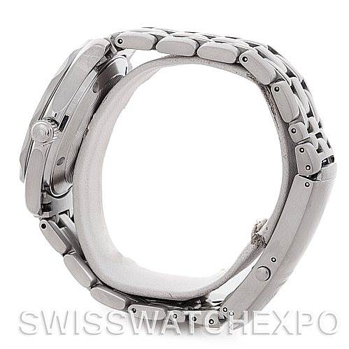 This image shows a side view of an Omega Seamaster 2223.80.00 Men's Stainless Steel Blue Dial 2223.80.00 Men's Stainless Steel Blue Dial watch, highlighting its stainless steel case, crown, and bracelet.