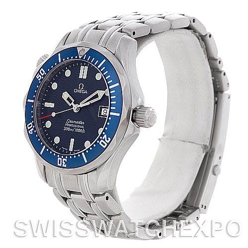 The image shows an Omega Seamaster 2223.80.00 Men's Stainless Steel Blue Dial 2223.80.00 Men's Stainless Steel Blue Dial watch at an angle, highlighting the bezel, dial, bracelet, and crown.