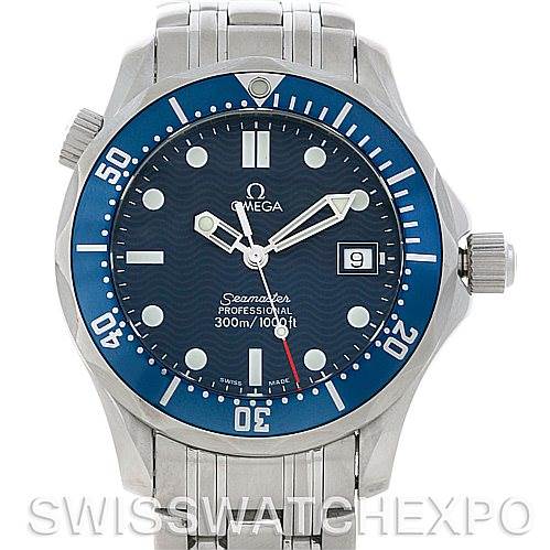 The Omega Seamaster 2223.80.00 Men's Stainless Steel Blue Dial 2223.80.00 Men's Stainless Steel Blue Dial watch is shown from the front, displaying its face, bezel, and some of the stainless steel bracelet.