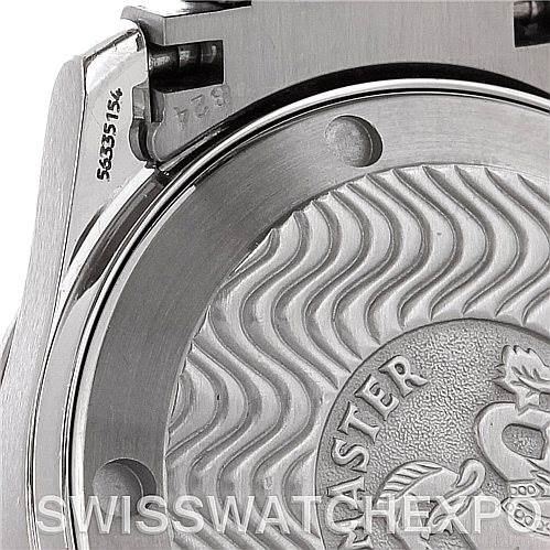 This image shows the case back of an Omega Seamaster 2223.80.00 Men's Stainless Steel Blue Dial 2223.80.00 Men's Stainless Steel Blue Dial watch, highlighting the engraved logo and part of the serial number.