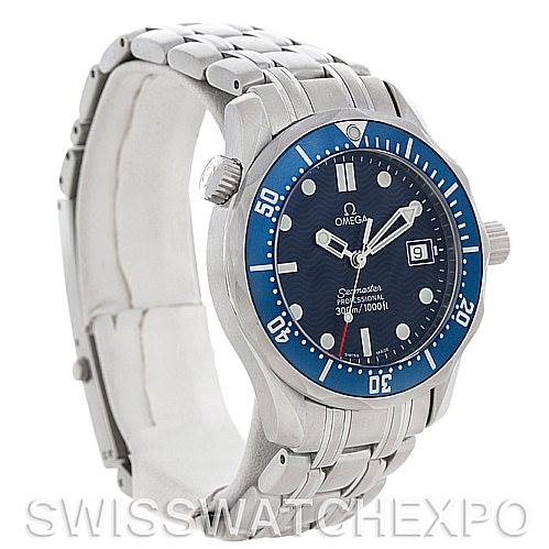 This image shows an Omega Seamaster 2223.80.00 Men's Stainless Steel Blue Dial 2223.80.00 Men's Stainless Steel Blue Dial watch at an angled side view, displaying its bracelet, dial, bezel, and crown.