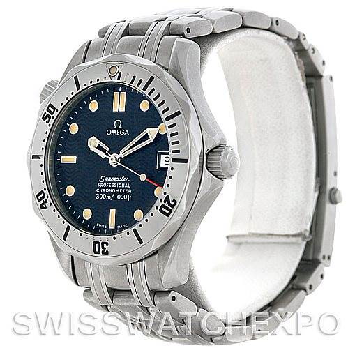 The image shows a side angle view of an Omega Seamaster watch, highlighting its dial, bezel, and bracelet.