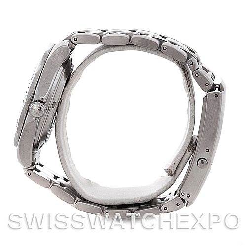 The image shows a side view of an Omega Seamaster 2562.80.00 Men
s Stainless Steel Blue Dial 2562.80.00 Men
s Stainless Steel Blue Dial watch, highlighting the bracelet and case thickness.