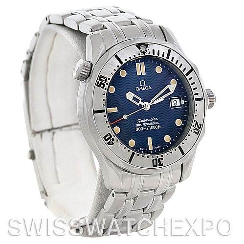 The Omega Seamaster 2562.80.00 Men
s Stainless Steel Blue Dial 2562.80.00 Men
s Stainless Steel Blue Dial watch is shown at a slight angle, highlighting the face, bezel, crown, and stainless steel bracelet.