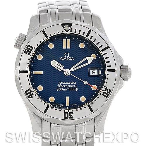 The image shows a front view of an Omega Seamaster 2562.80.00 Men
s Stainless Steel Blue Dial 2562.80.00 Men
s Stainless Steel Blue Dial Professional watch with a blue dial, date window, and stainless steel bracelet.