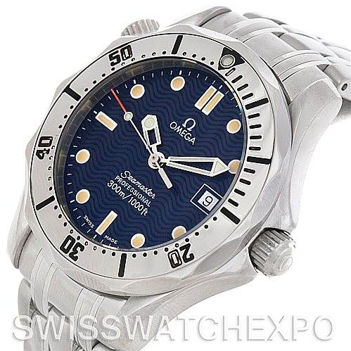 The Omega Seamaster 2562.80.00 Men
s Stainless Steel Blue Dial 2562.80.00 Men
s Stainless Steel Blue Dial watch is shown at a slight angle, highlighting the face, bezel, crown, and part of the bracelet.