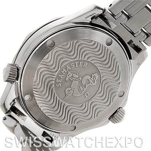 The image shows the back case of an Omega Seamaster 2562.80.00 Men
s Stainless Steel Blue Dial 2562.80.00 Men
s Stainless Steel Blue Dial watch, featuring the engraved logo and part of the metal bracelet.