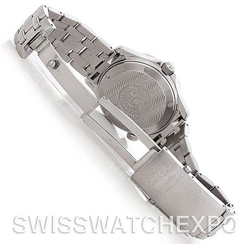 The image shows the back case and clasp of an Omega Seamaster 2562.80.00 Men
s Stainless Steel Blue Dial 2562.80.00 Men
s Stainless Steel Blue Dial watch at an angled view.