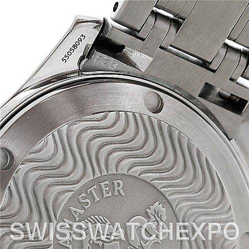 The image shows the back case and bracelet attachment of an Omega Seamaster 2562.80.00 Men
s Stainless Steel Blue Dial 2562.80.00 Men
s Stainless Steel Blue Dial watch, highlighting its engravings and serial number.