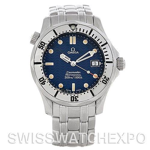 The image shows a front view of an Omega Seamaster 2562.80.00 Men
s Stainless Steel Blue Dial 2562.80.00 Men
s Stainless Steel Blue Dial watch, displaying the face, bezel, hands, date window, and bracelet.