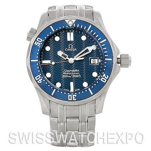 The image shows a front view of the Omega Seamaster 2223.80.00 Men
s Stainless Steel Blue Dial 2223.80.00 Men
s Stainless Steel Blue Dial watch, featuring its dial, bezel, and bracelet.