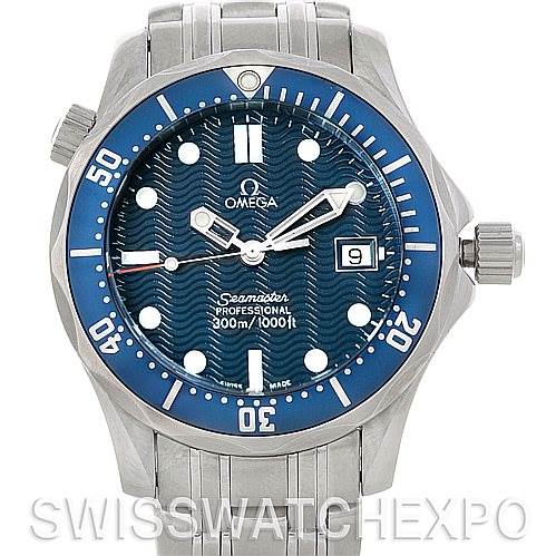 The image shows a front view of the Omega Seamaster 2223.80.00 Men
s Stainless Steel Blue Dial 2223.80.00 Men
s Stainless Steel Blue Dial, highlighting its blue dial, bezel, and bracelet.