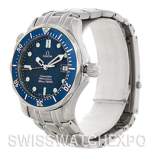 The image shows an Omega Seamaster 2223.80.00 Men
s Stainless Steel Blue Dial 2223.80.00 Men
s Stainless Steel Blue Dial watch from a front-left angle, highlighting its bezel, dial, crown, and metal bracelet.