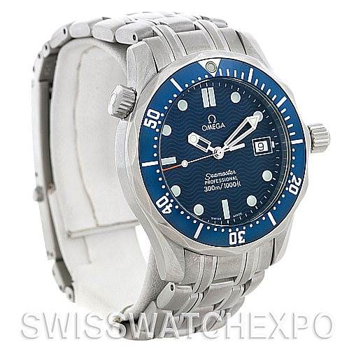 The image shows an Omega Seamaster 2223.80.00 Men
s Stainless Steel Blue Dial 2223.80.00 Men
s Stainless Steel Blue Dial watch from a three-quarter view, highlighting the blue dial, bezel, and stainless steel bracelet.