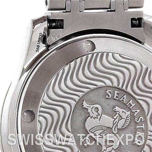 Close-up of the back case of an Omega Seamaster 2223.80.00 Men
s Stainless Steel Blue Dial 2223.80.00 Men
s Stainless Steel Blue Dial watch, showing the engraved wavy pattern and Seamaster logo.