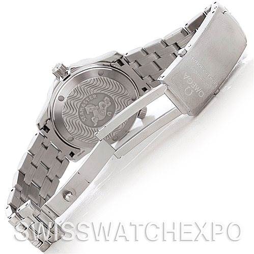 The image shows the back of an Omega Seamaster 2223.80.00 Men
s Stainless Steel Blue Dial 2223.80.00 Men
s Stainless Steel Blue Dial watch, including the bracelet and clasp.