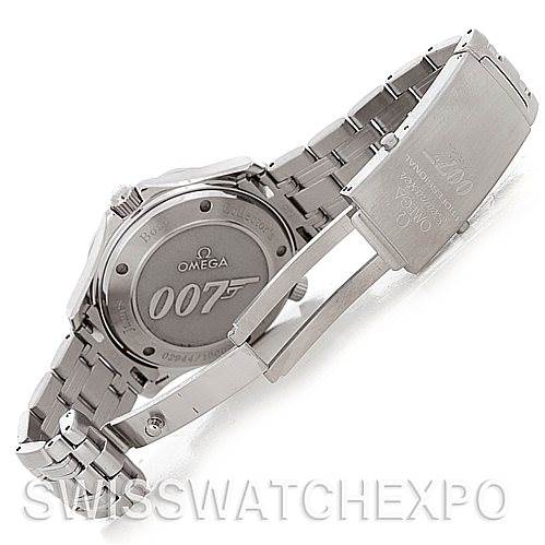 The image shows the back and clasp of an Omega Seamaster 212.30.41.20.01.001 Men's Stainless Steel Black Dial 212.30.41.20.01.001 Men's Stainless Steel Black Dial watch, highlighting the case back with "007" and Omega branding.