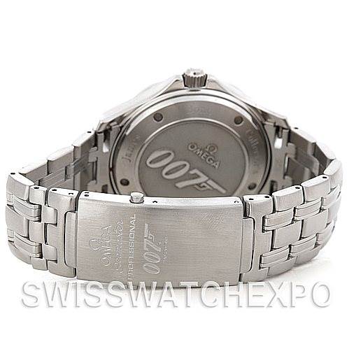 This image shows the back case and bracelet of an Omega Seamaster 212.30.41.20.01.001 Men's Stainless Steel Black Dial 212.30.41.20.01.001 Men's Stainless Steel Black Dial watch with 007 branding.