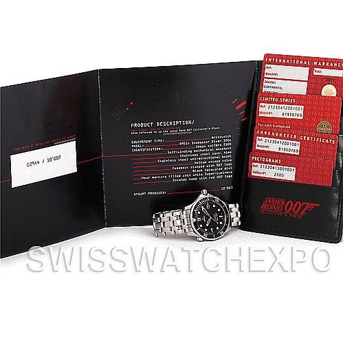 The image displays an Omega Seamaster 212.30.41.20.01.001 Men's Stainless Steel Black Dial 212.30.41.20.01.001 Men's Stainless Steel Black Dial watch along with its international warranty cards and product description booklet.