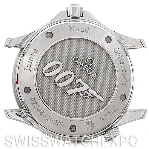 This image shows the back case of an Omega Seamaster 212.30.41.20.01.001 Men's Stainless Steel Black Dial 212.30.41.20.01.001 Men's Stainless Steel Black Dial James Bond Collectors Piece watch, featuring "007" branding.