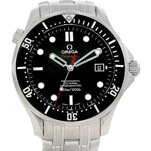 The image shows a front view of an Omega Seamaster 212.30.41.20.01.001 Men's Stainless Steel Black Dial 212.30.41.20.01.001 Men's Stainless Steel Black Dial watch with a stainless steel bracelet and a black dial.